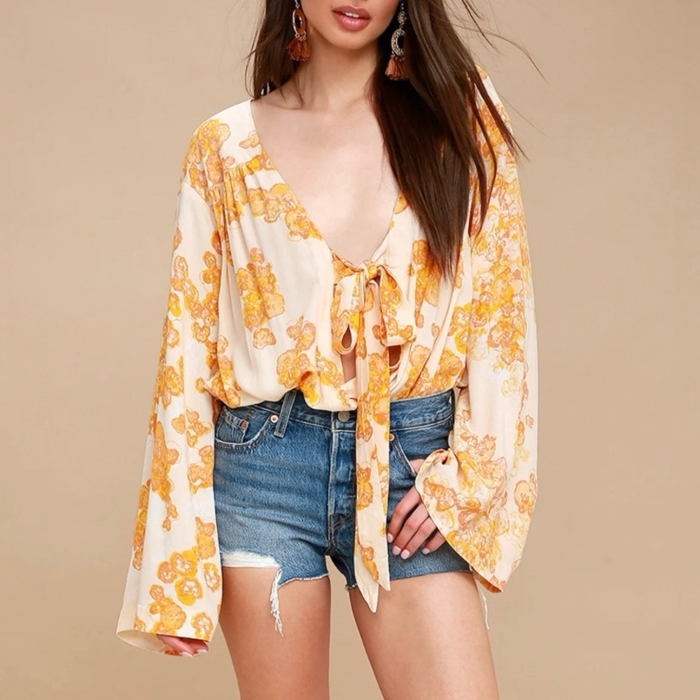 Free People Floral Tie-Front Blouse - Cream and Yellow